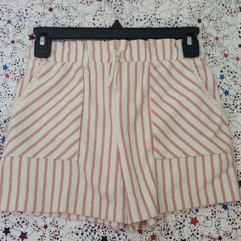 Zara Girls Knit Striped Shorts Pink Textured Eyelet Trim Sz 11-12 Summer Pockets